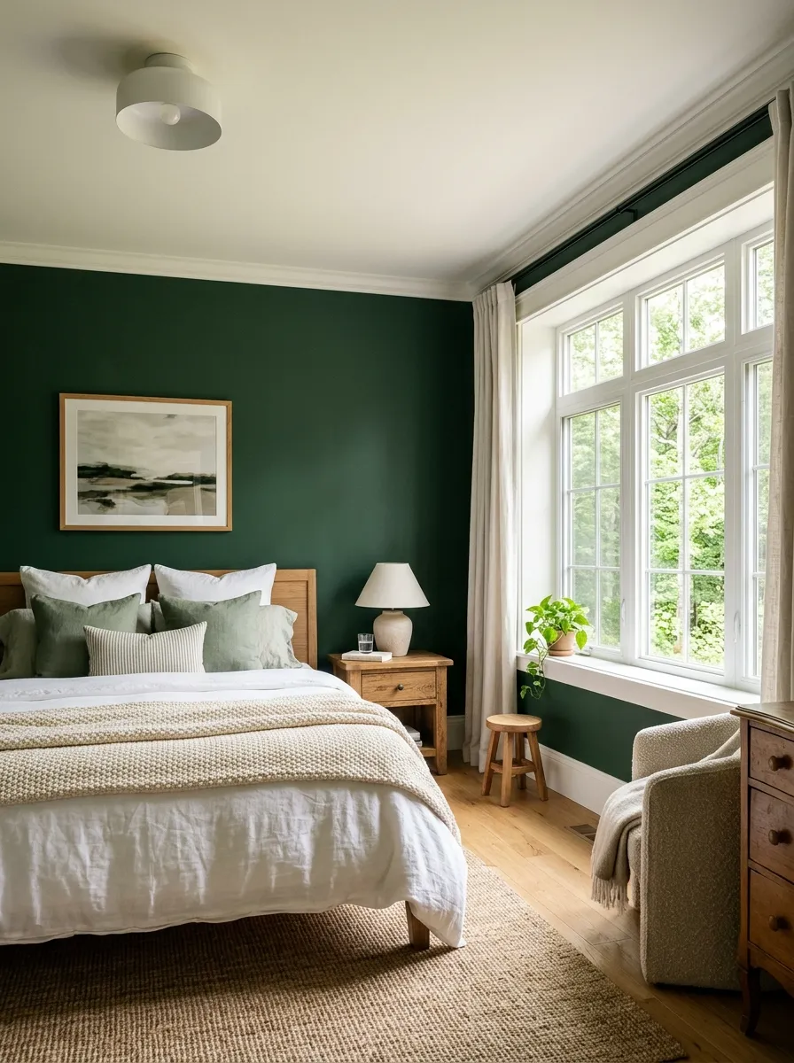 The Contrast Rule: Forest Green Walls, White Ceiling, and Natural Light