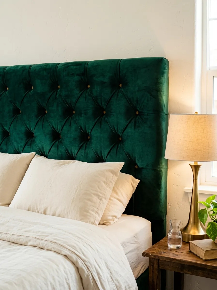 The Emerald Green Velvet Headboard as the Room's One Statement