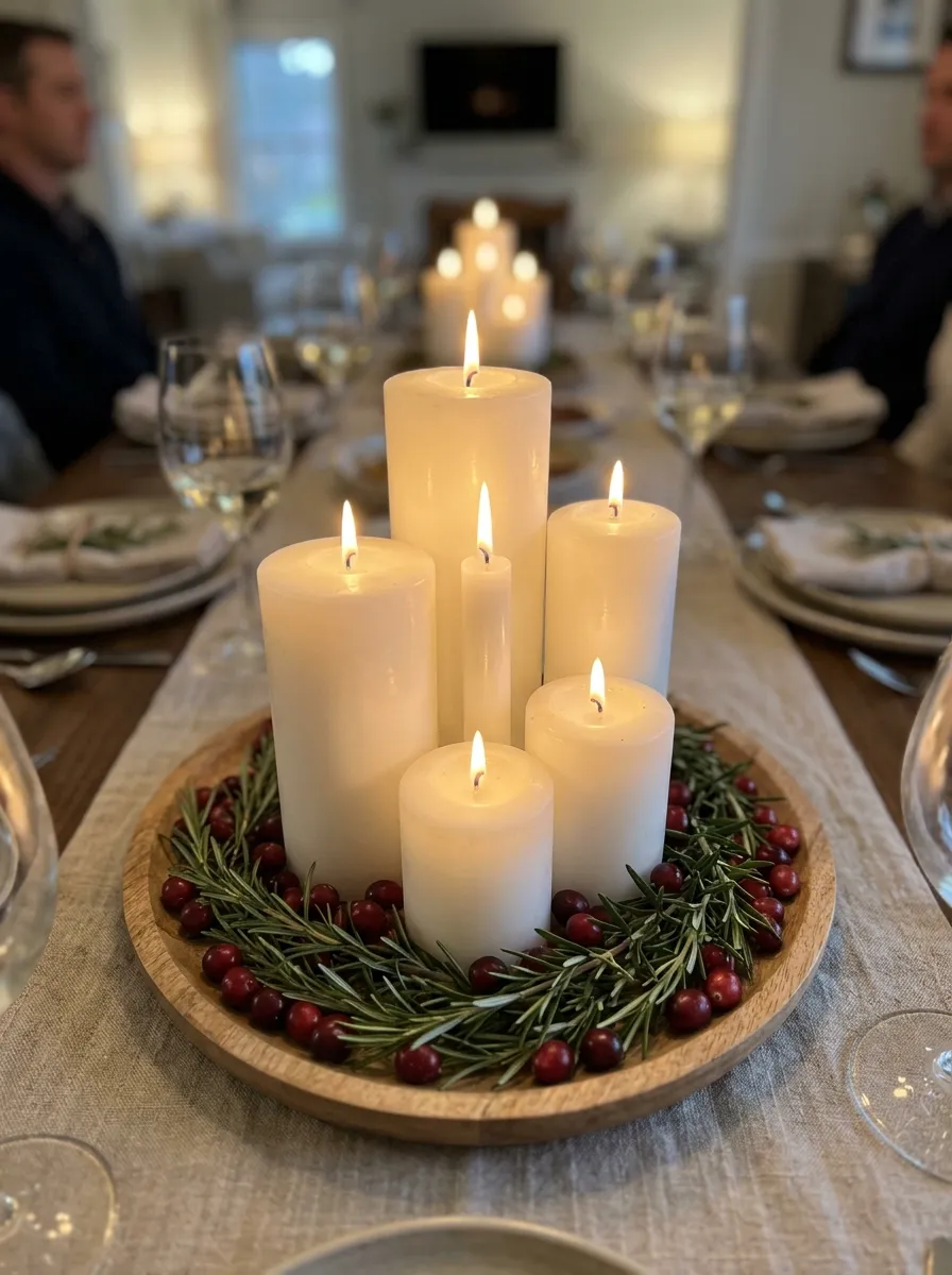 The Low Pillar Candle Cluster: A Dinner Table Centerpiece That Keeps Eye Contact Intact