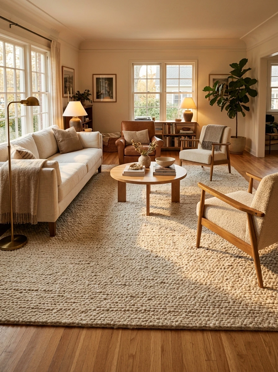 The Rug Is the Warm Living Room's Foundation, and Yours Is Probably Too Small