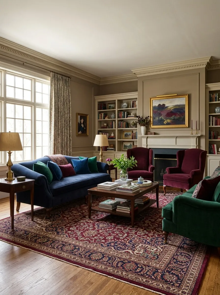 The Traditional Living Room Ideas Worth Borrowing for Color Begin With Deep Neutrals and Jewel Tones