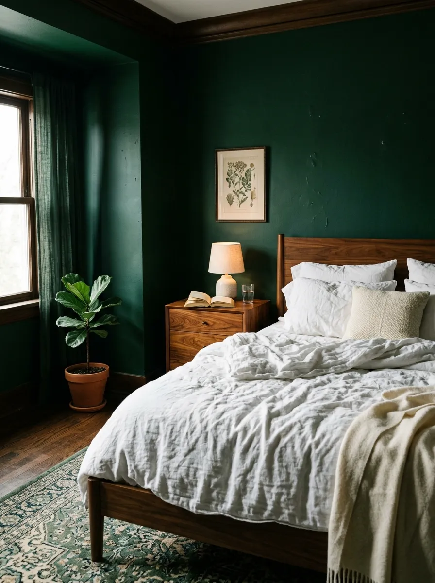 What Dark Emerald Green Does Beside White Linen and Warm Wood