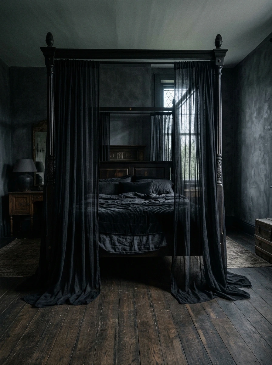 What I'd Bid On: Gothic Bedroom Decor in a Canopy and Sheer Black Drapes