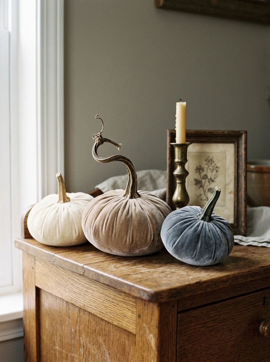 What I'd Bid On: Heirloom Velvet Pumpkins in Neutral Tones for Fall Bedroom Decor