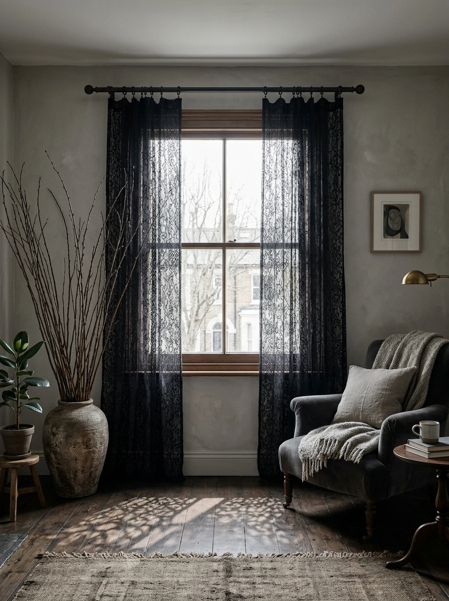 What I'd Bid On: Lace Curtains and Bare Branches for Halloween Bedroom Decor at the Window